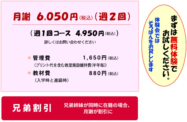 月謝 6,050円(週2回) 週1回コース 4,950円 管理費 1,650円 教材費 880円 兄弟姉妹月謝割引